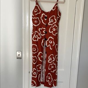 Red Linen Floral Button-Down Dress